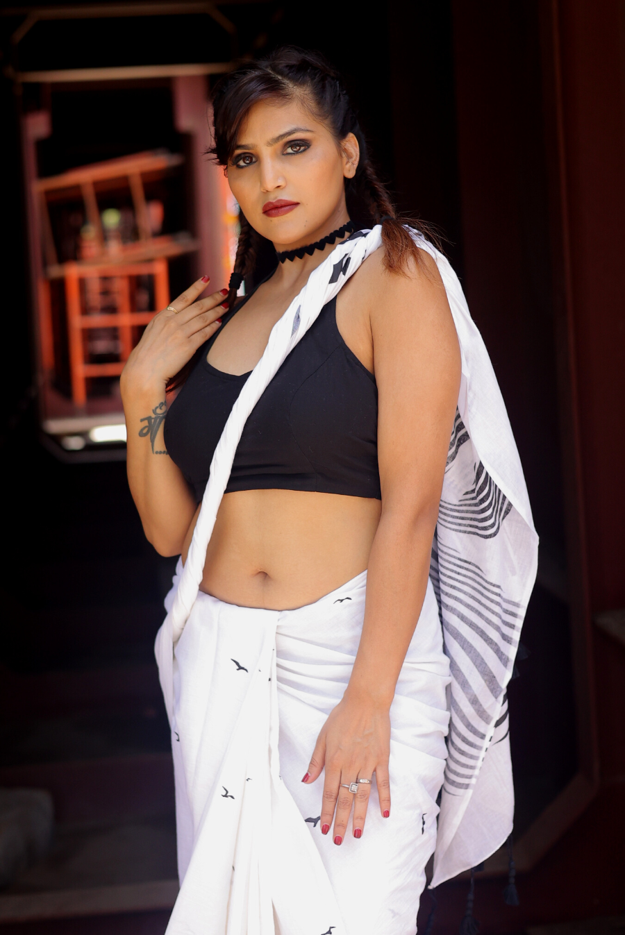 Screen Printed Mulmul Saree Sun above the Snow Peaks - White (SAREE)