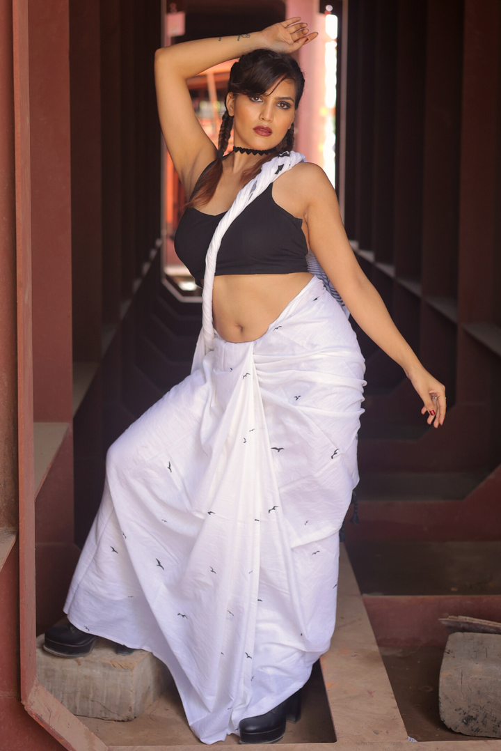 Screen Printed Mulmul Saree The Rumbling Clouds - White (SAREE)