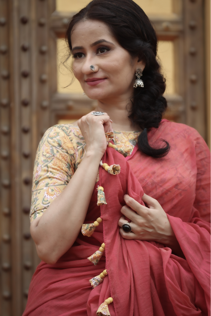 Mulmul Saree with Block Printed Tassels Mitti sa Bhoora (SAREE)