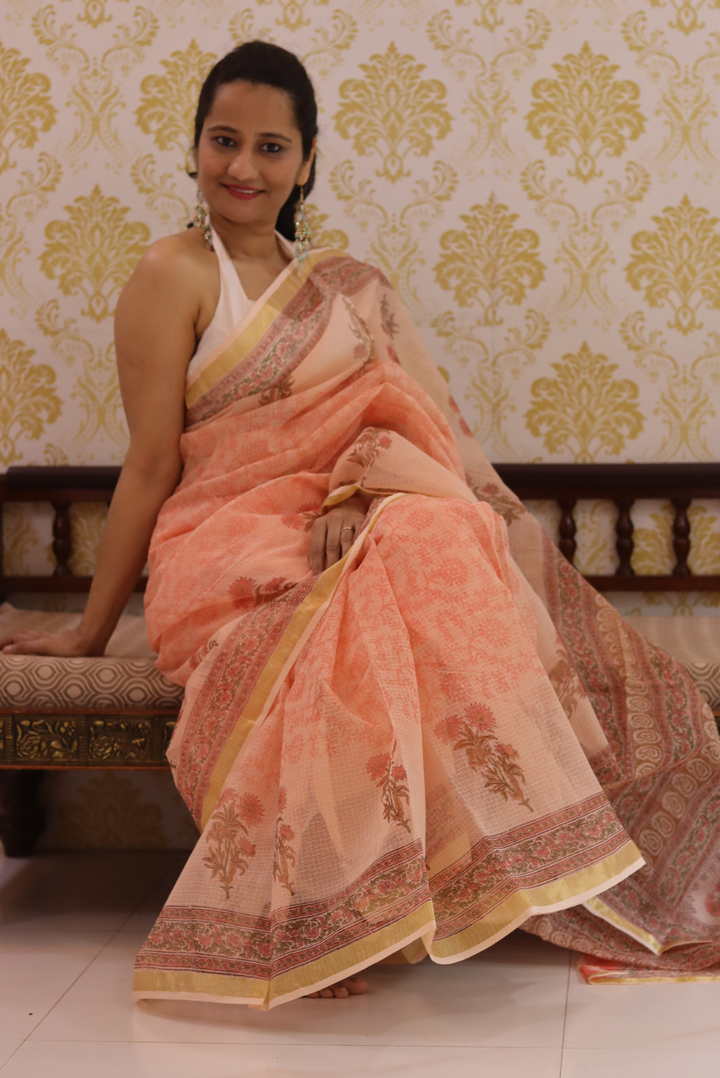 Block Printed Kota Cotton Saree Peach Tree (SAREE)