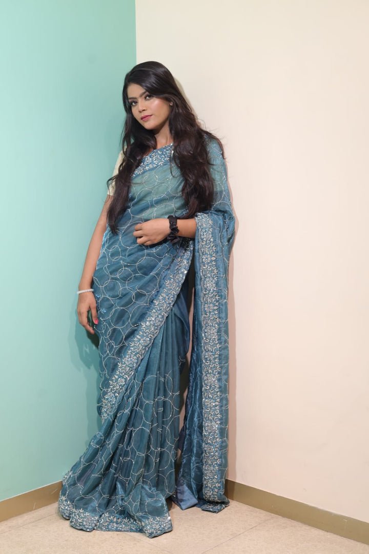 Elegant Cornflower Blue Tissue Saree with Intricate Embroidery