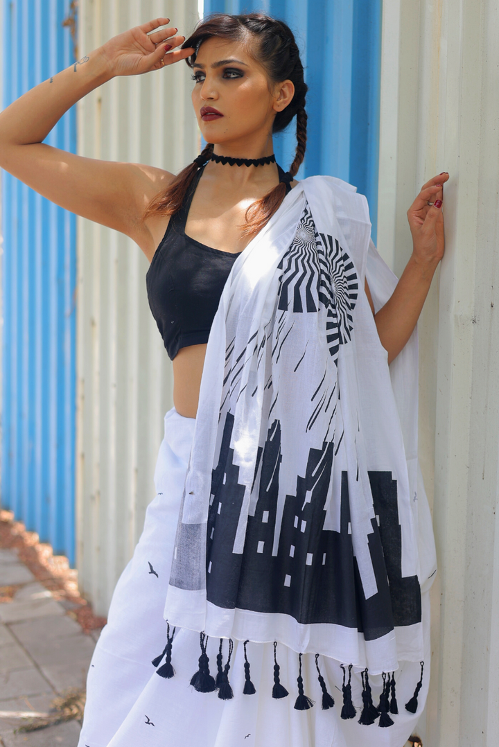 Screen Printed Mulmul Saree The Rumbling Clouds - White (SAREE)