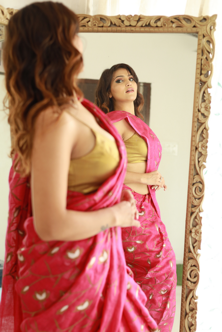 Embroidered Linen Saree Pink Agate (SAREE)