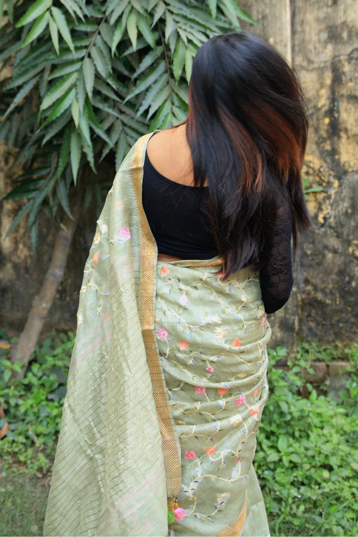 Embroidered Silk Linen Saree Shayari (SAREE)