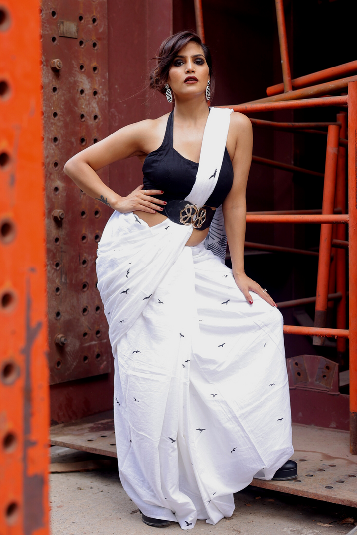 Screen Printed Mulmul Saree Sun above the Snow Peaks - White (SAREE)