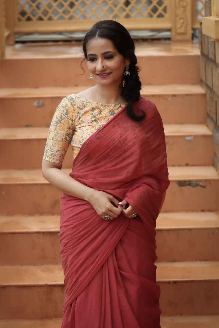 Mulmul Saree with Block Printed Tassels Mitti sa Bhoora (SAREE)