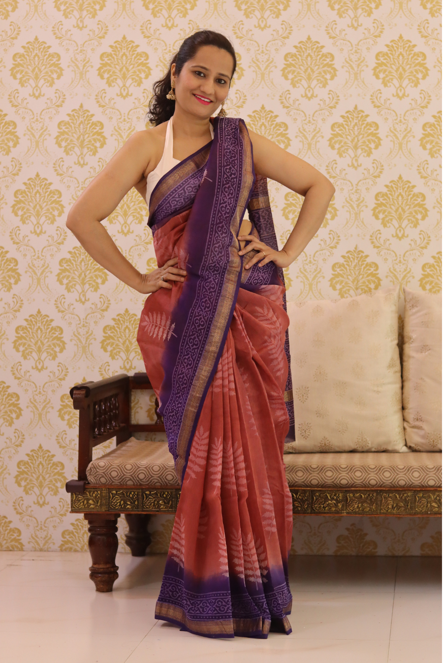Block Printed Maheshwari Silk Saree Autumn (SAREE)