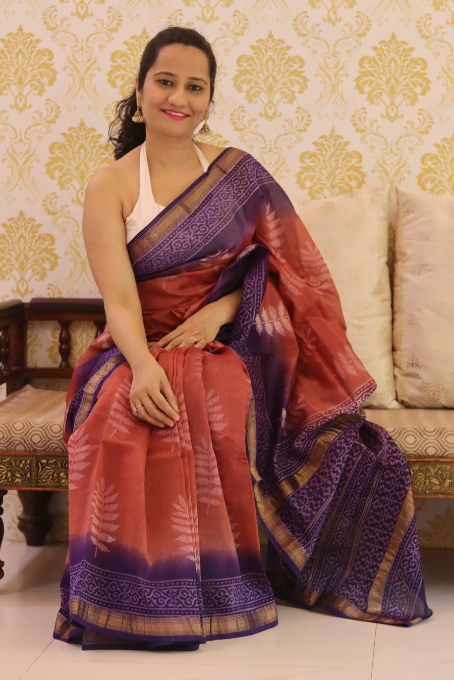 Block Printed Maheshwari Silk Saree Autumn (SAREE)
