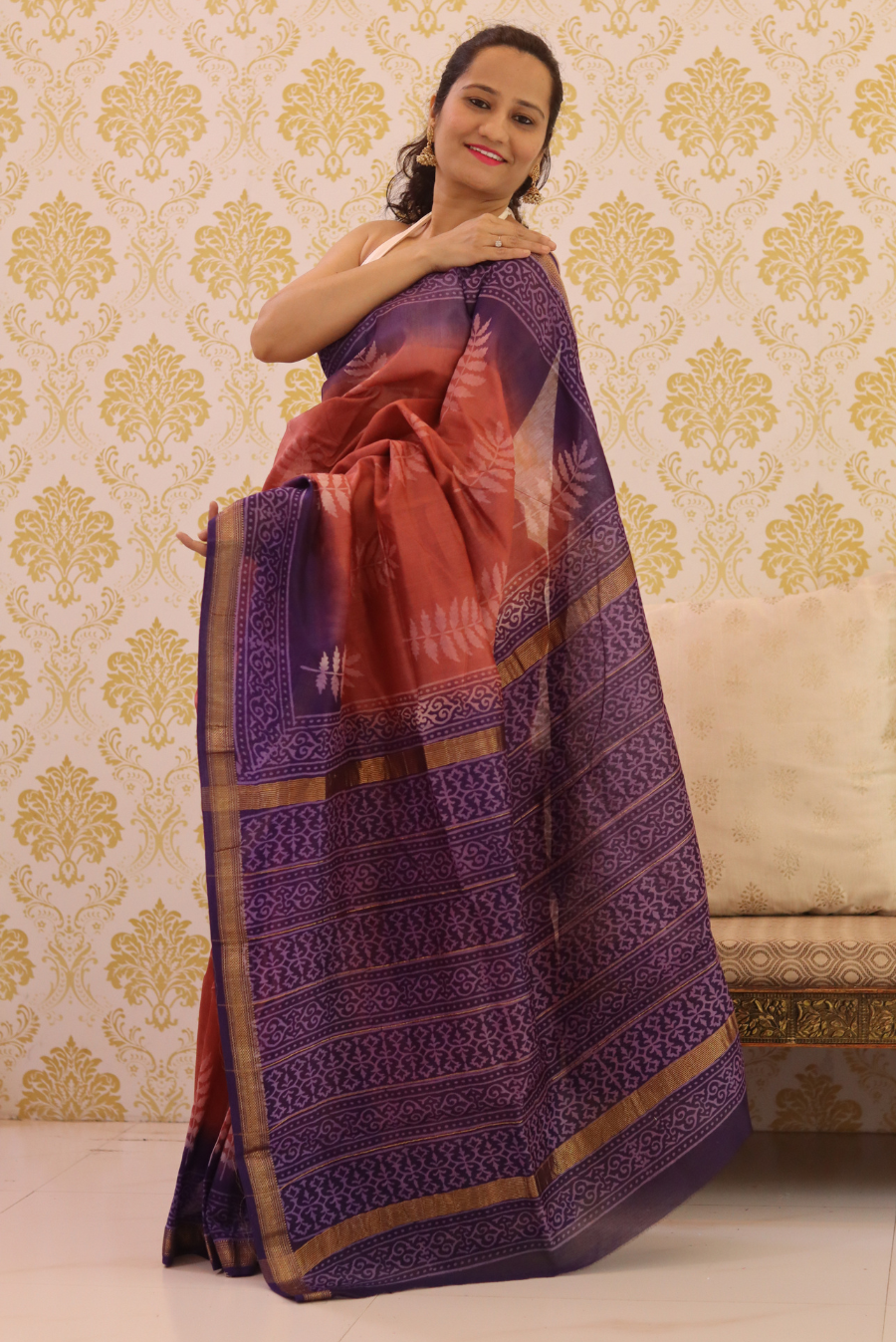 Block Printed Maheshwari Silk Saree Autumn (SAREE)