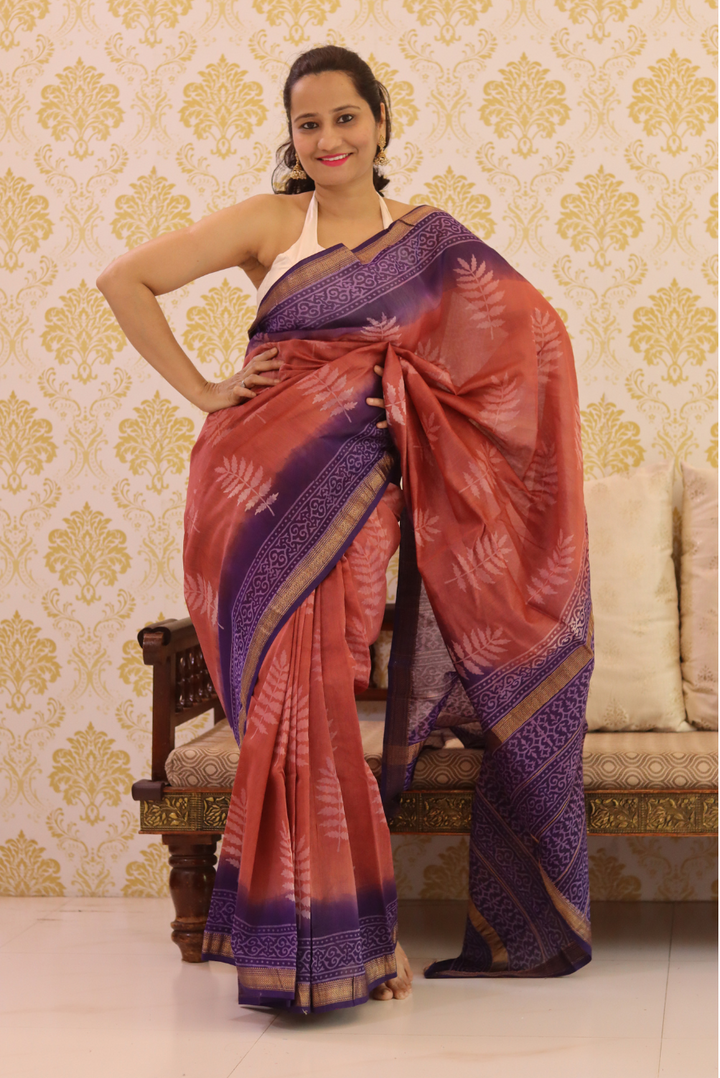Block Printed Maheshwari Silk Saree Autumn (SAREE)