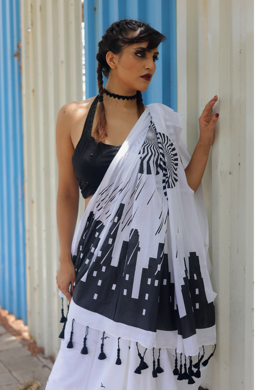 Screen Printed Mulmul Saree The Rumbling Clouds - White (SAREE)