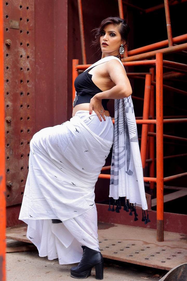 Screen Printed Mulmul Saree Sun above the Snow Peaks - White (SAREE)