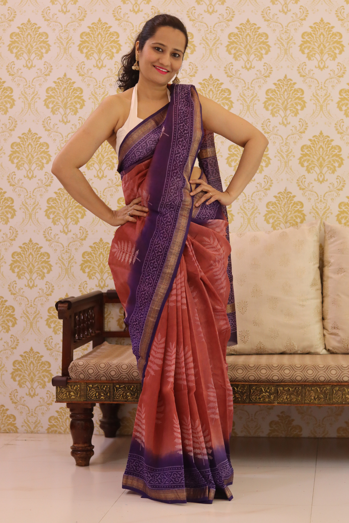 Block Printed Maheshwari Silk Saree Autumn (SAREE)