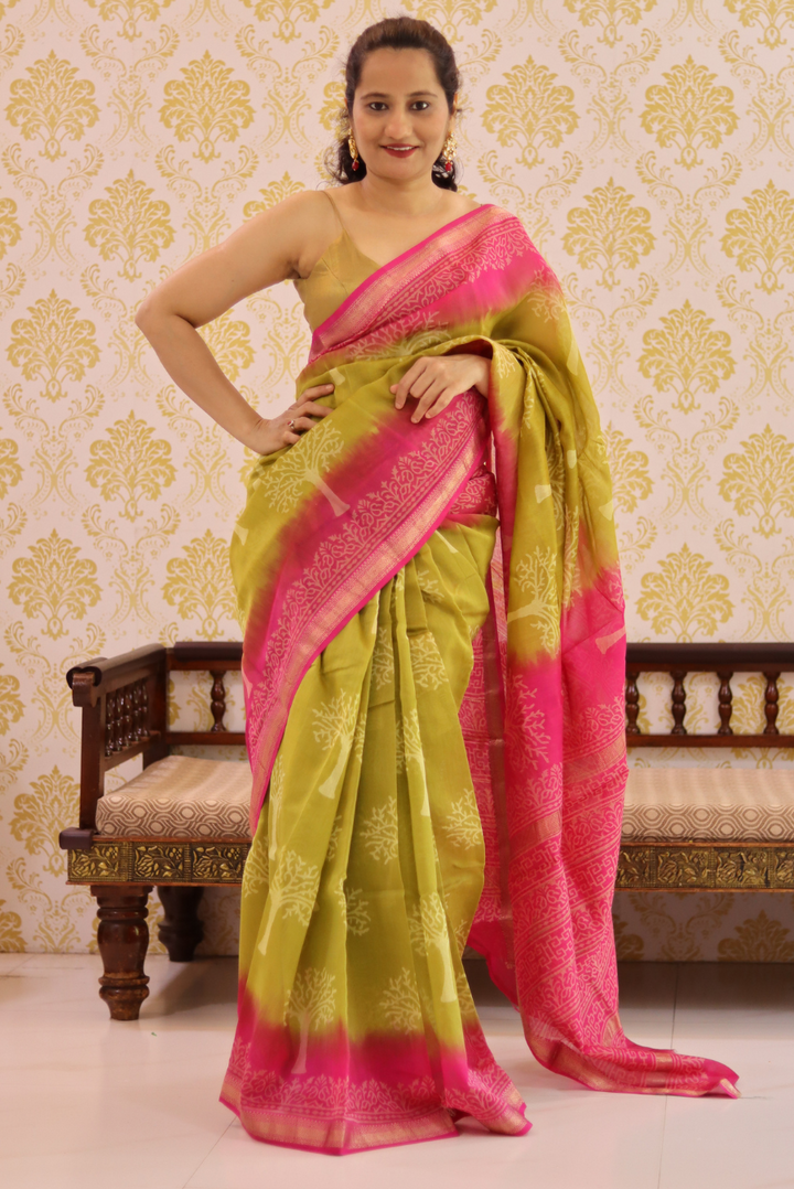 Block Printed Maheshwari Silk Saree Betel Leaf (SAREE)