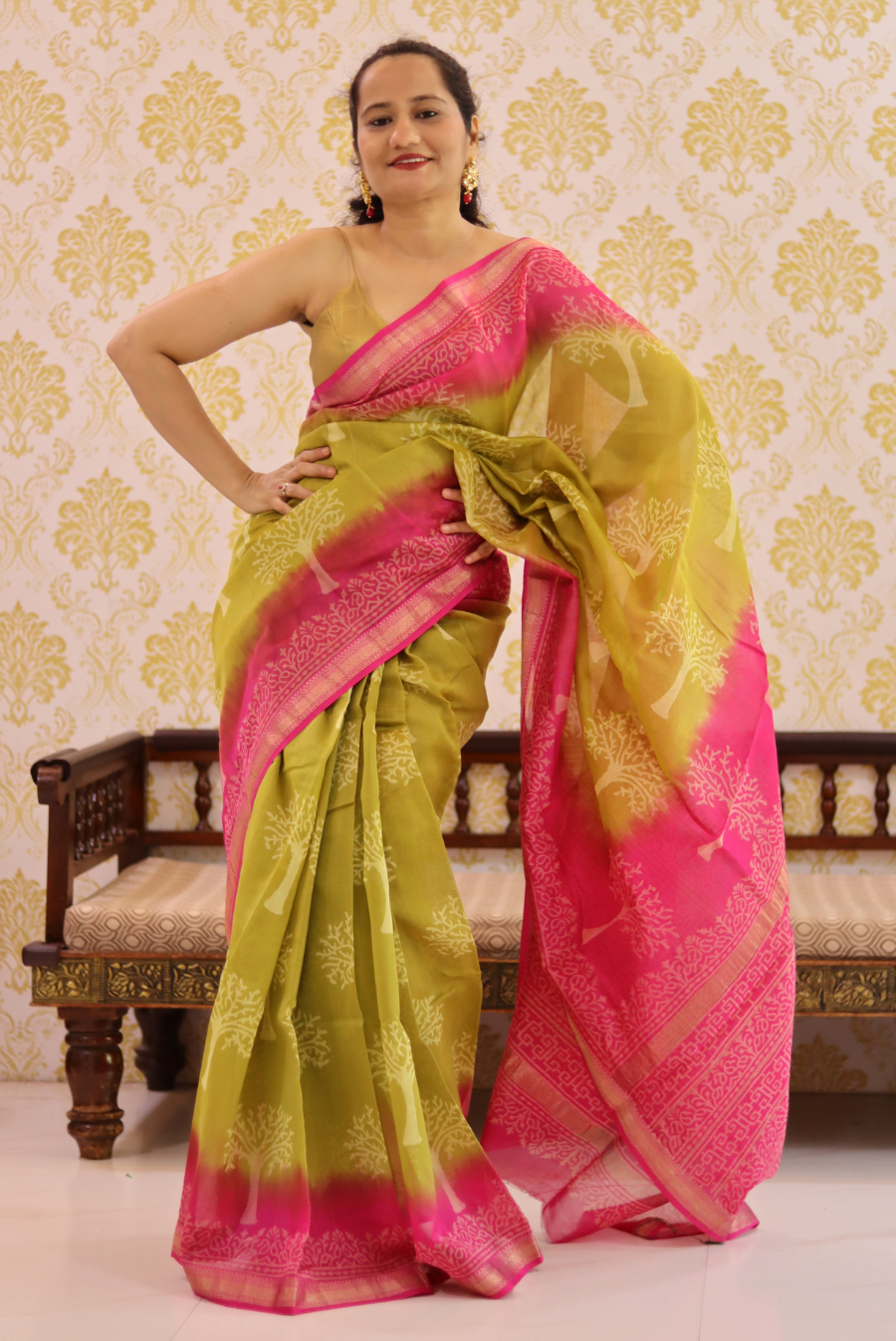 Block Printed Maheshwari Silk Saree Betel Leaf (SAREE)