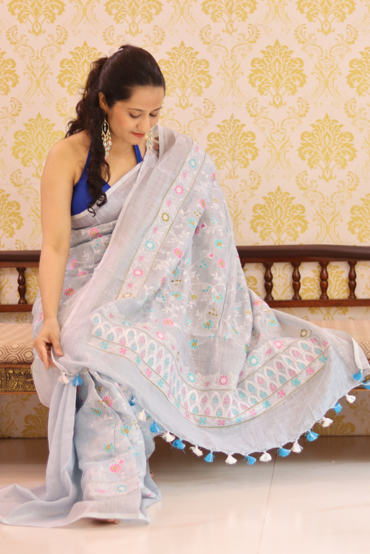 Embroidered Linen Saree Nargis (SAREE)