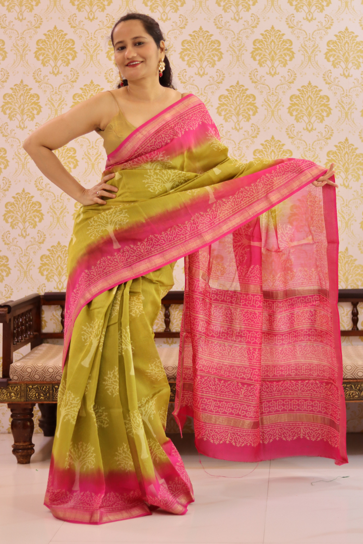 Block Printed Maheshwari Silk Saree Betel Leaf (SAREE)