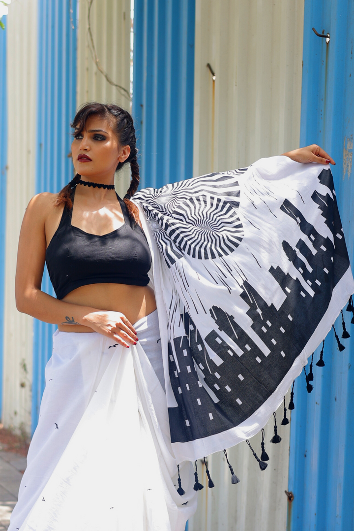 Screen Printed Mulmul Saree The Rumbling Clouds - White (SAREE)