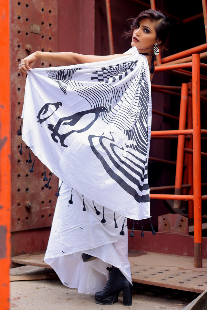 Screen Printed Mulmul Saree Sun above the Snow Peaks - White (SAREE)