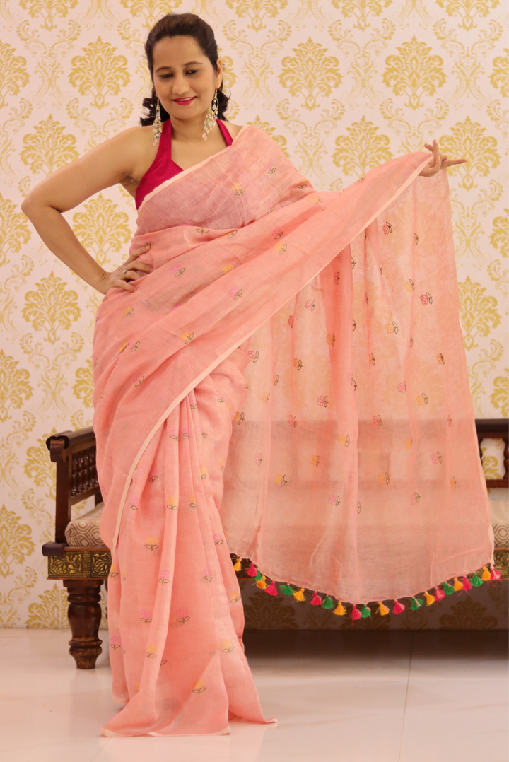 Embroidered Linen Saree Sweet Pumpkin (SAREE)