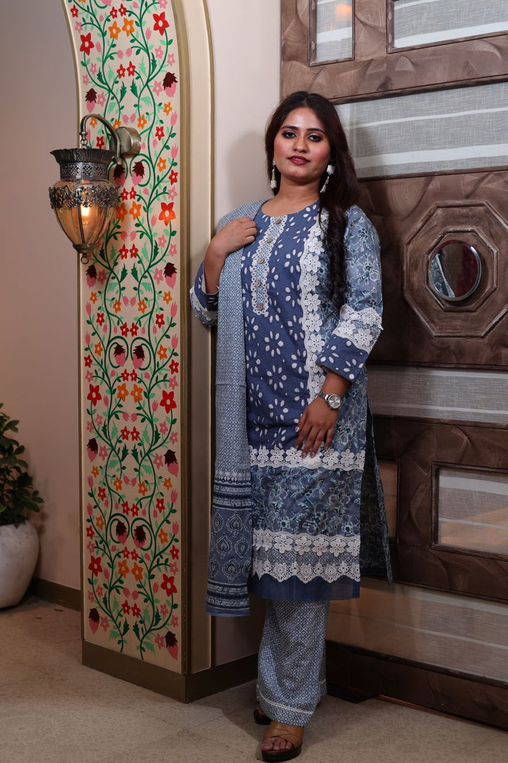 Chic Navy Blue and White Cotton Kurti Set with Pant and Dupatta