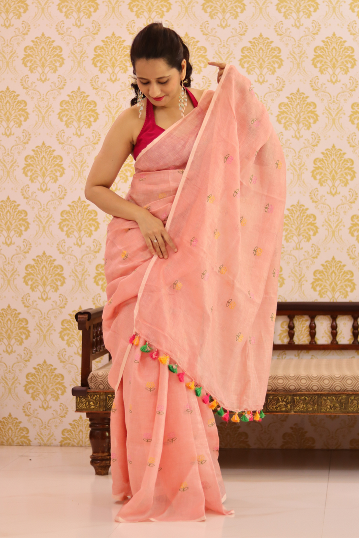 Embroidered Linen Saree Sweet Pumpkin (SAREE)