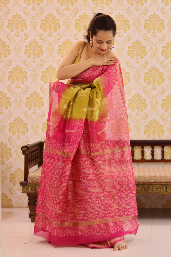 Block Printed Maheshwari Silk Saree Betel Leaf (SAREE)