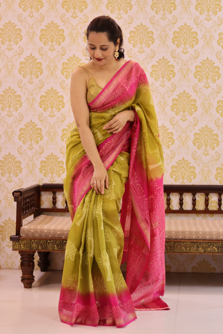 Block Printed Maheshwari Silk Saree Betel Leaf (SAREE)