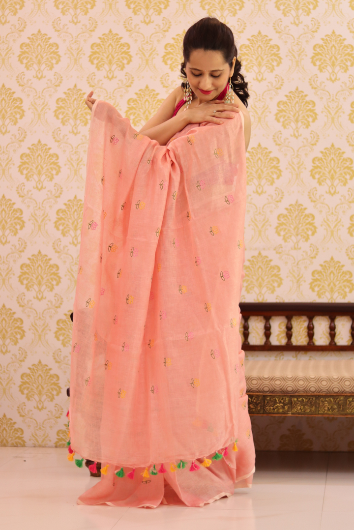 Embroidered Linen Saree Sweet Pumpkin (SAREE)