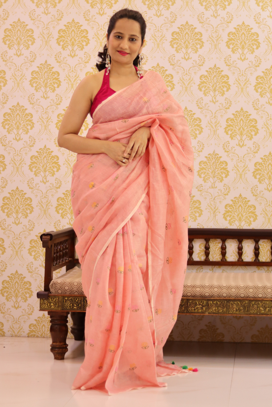 Embroidered Linen Saree Sweet Pumpkin (SAREE)