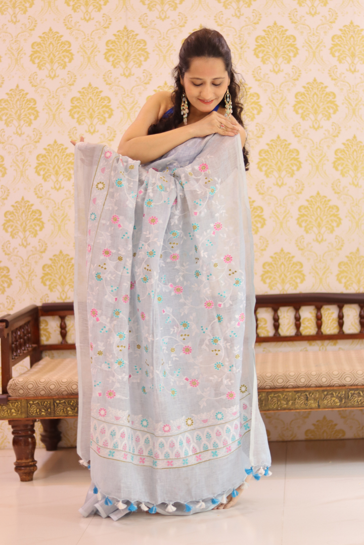 Embroidered Linen Saree Nargis (SAREE)