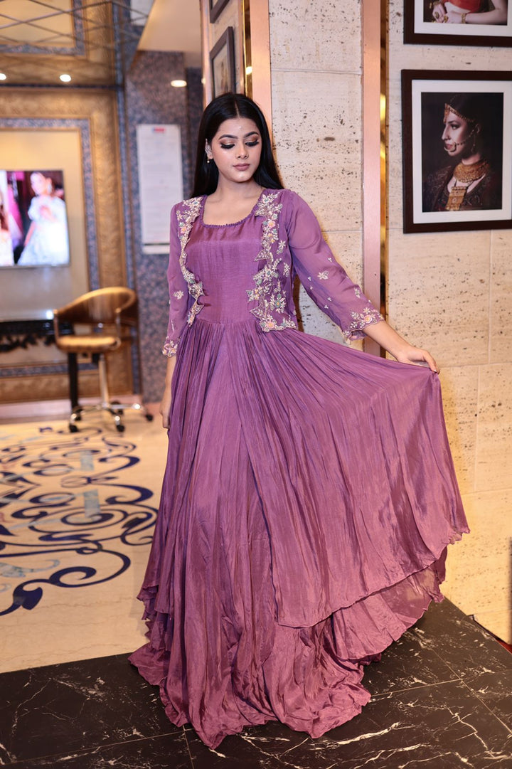 Graceful Orchid Silk Western Dress with Floral Embellishments Regular price