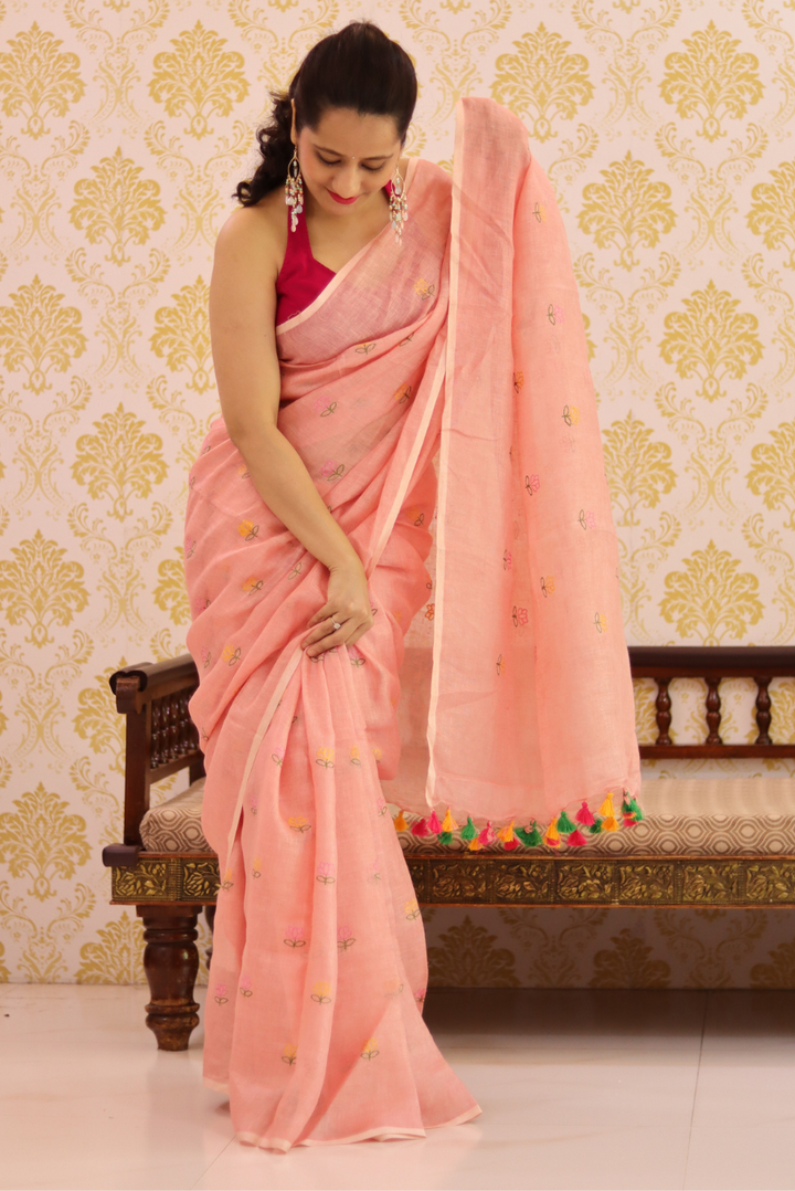 Embroidered Linen Saree Sweet Pumpkin (SAREE)