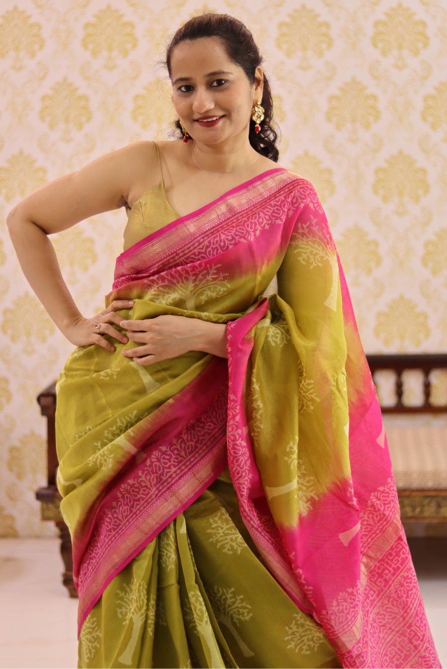 Block Printed Maheshwari Silk Saree Betel Leaf (SAREE)