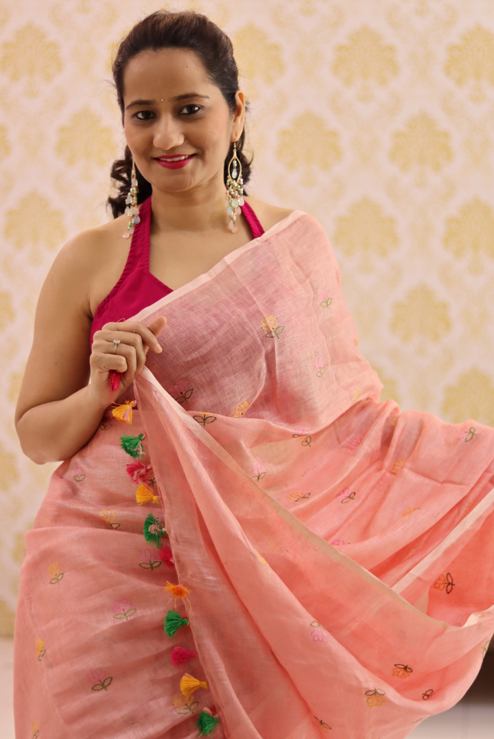 Embroidered Linen Saree Sweet Pumpkin (SAREE)