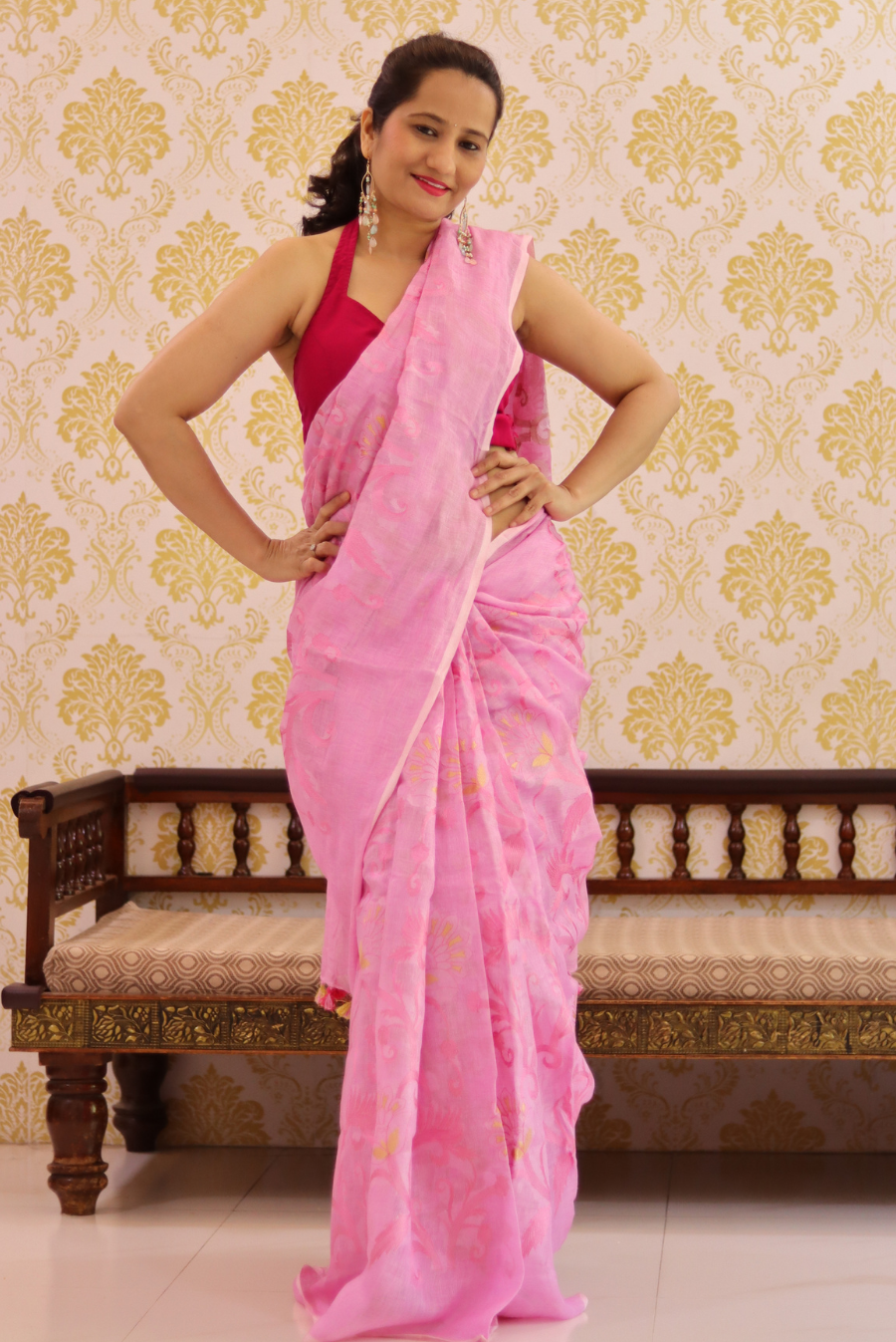 Embroidered Linen Saree Strawberry Crush (SAREE)
