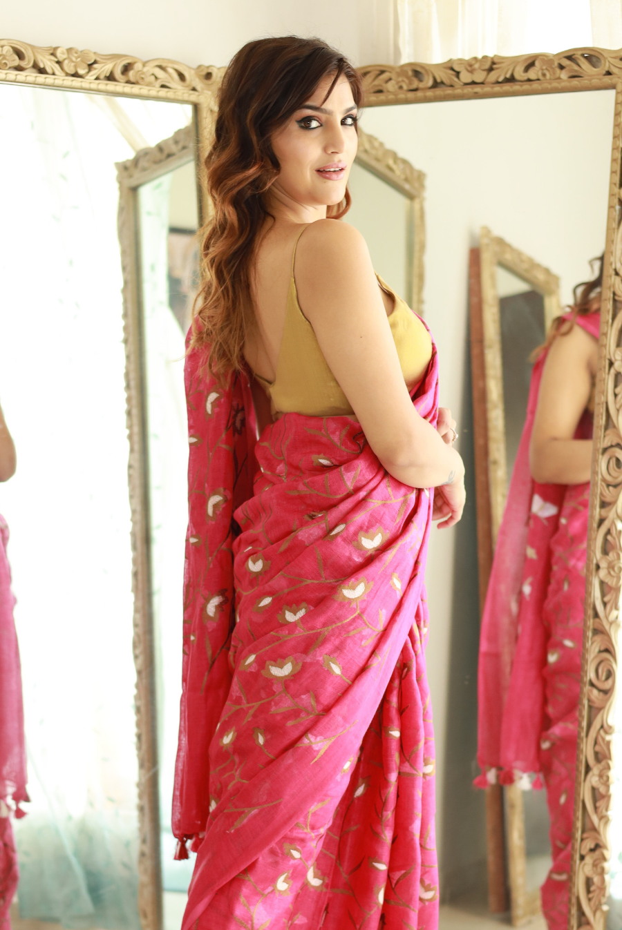 Embroidered Linen Saree Pink Agate (SAREE)