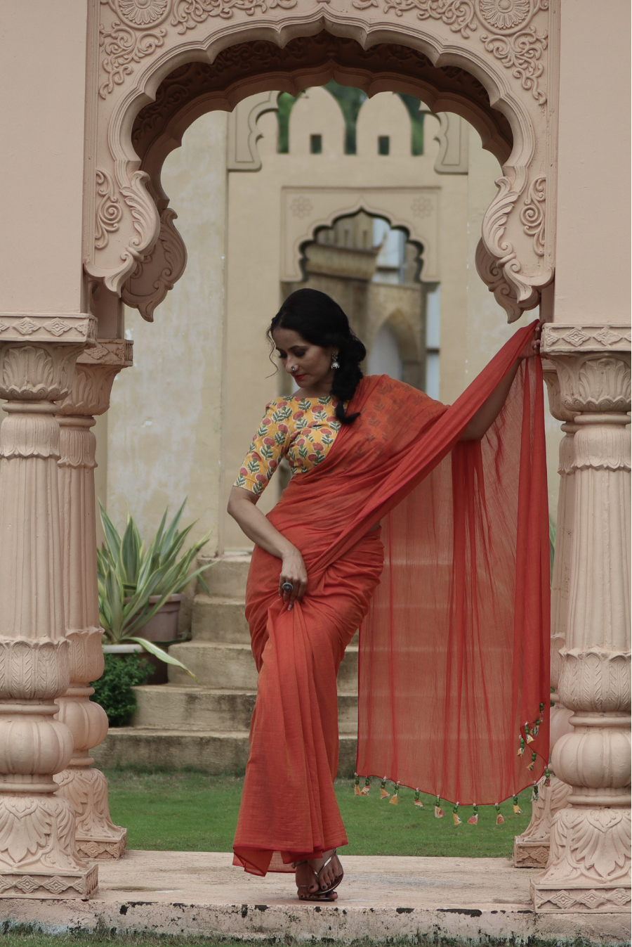 Mulmul Saree with Block Printed Tassels Sukhe Patton sa Narangi (SAREE)