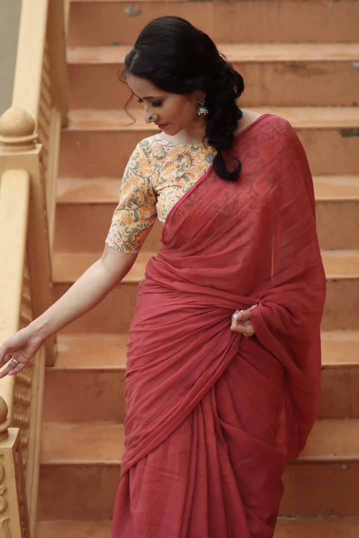 Mulmul Saree with Block Printed Tassels Mitti sa Bhoora (SAREE)