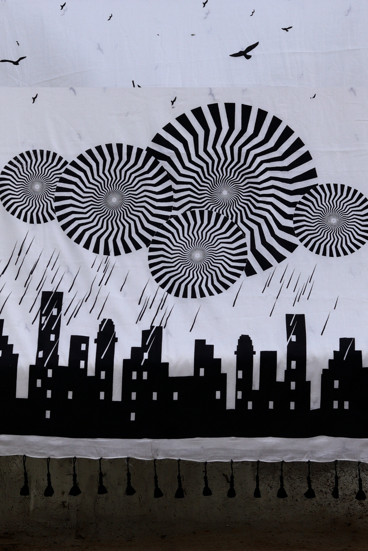 Screen Printed Mulmul Saree The Rumbling Clouds - White (SAREE)