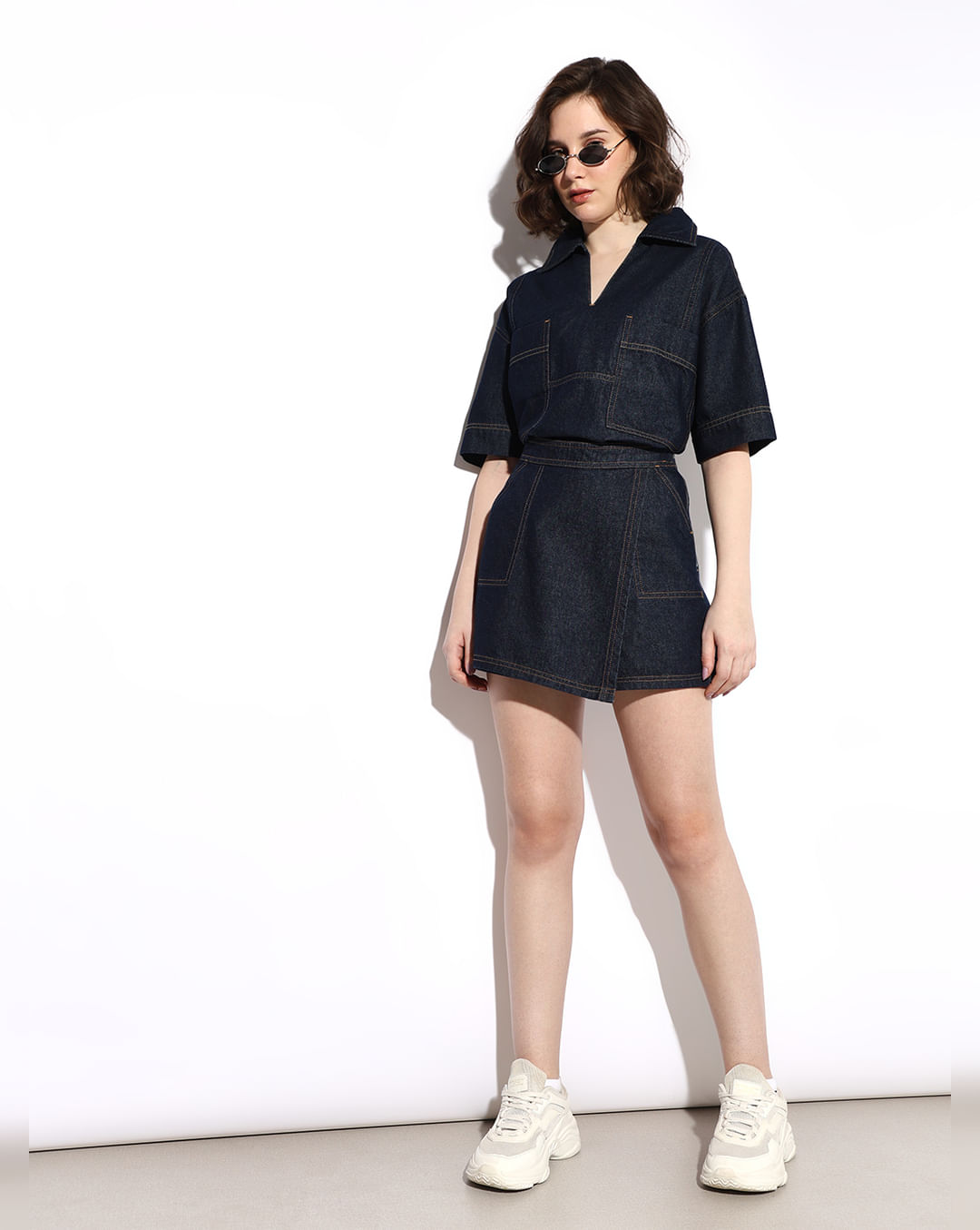 Blue Contrast Stitch Co-ord Set Skorts