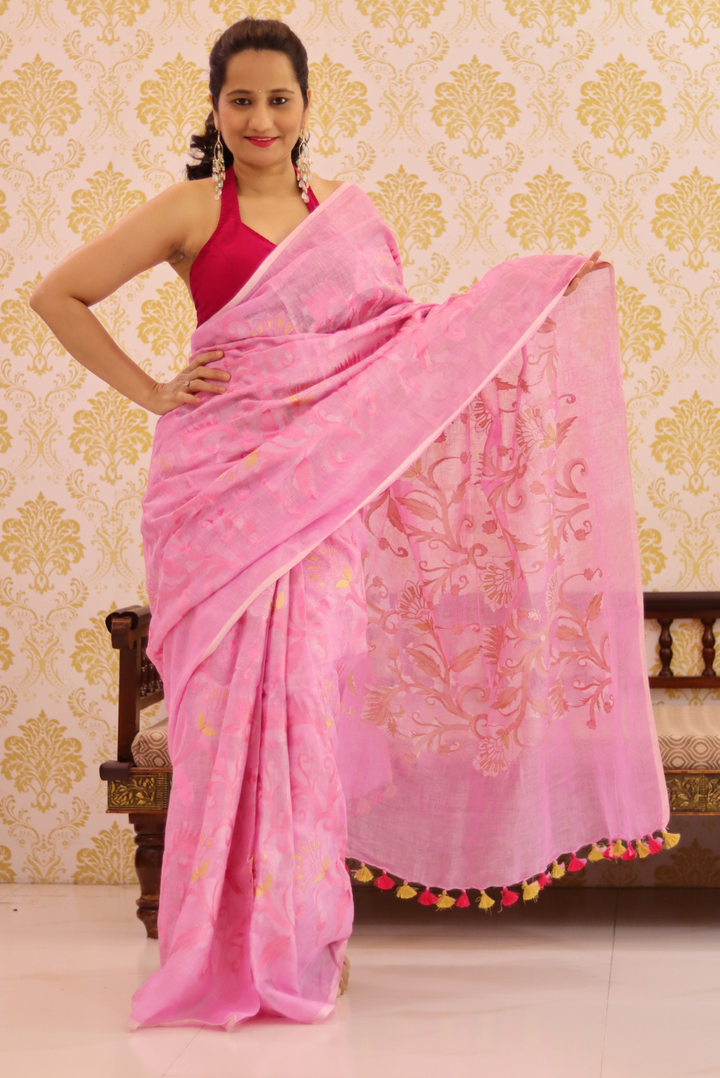 Embroidered Linen Saree Strawberry Crush (SAREE)