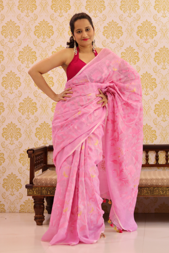 Embroidered Linen Saree Strawberry Crush (SAREE)