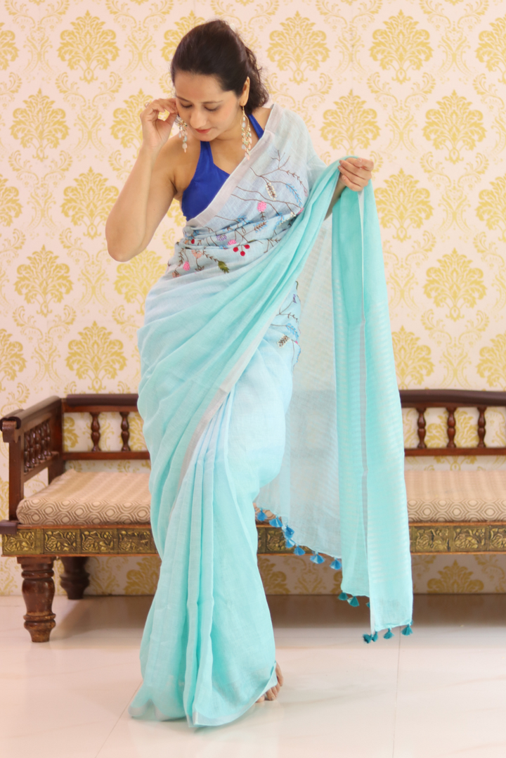 Embroidered Linen Saree Frozen (SAREE)