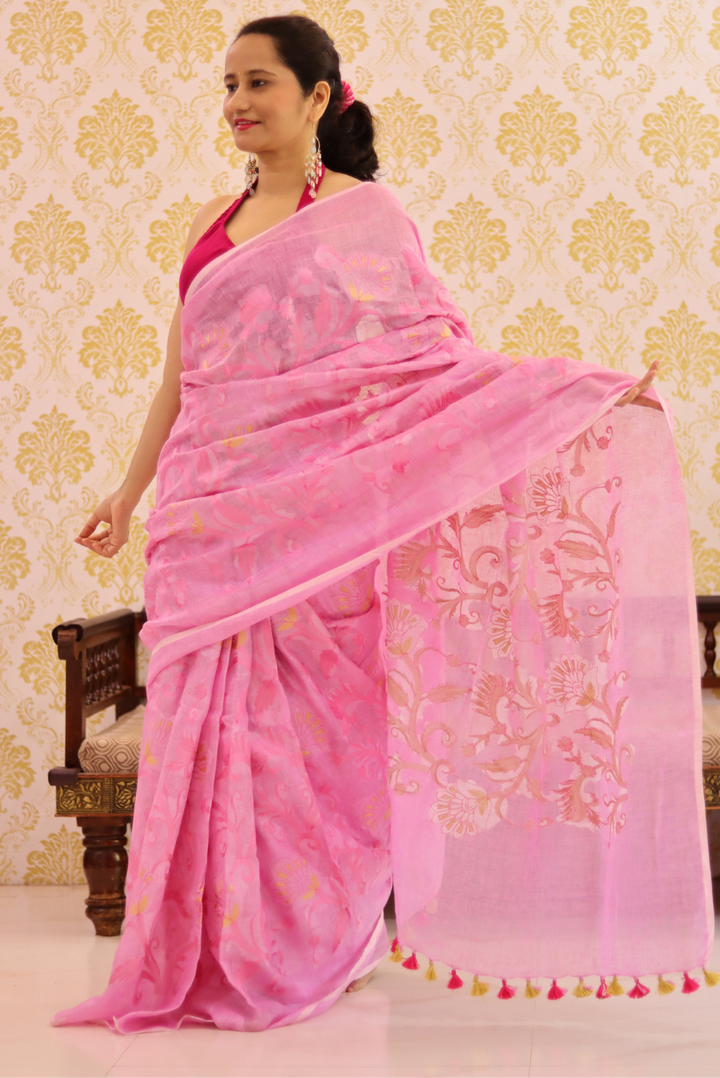 Embroidered Linen Saree Strawberry Crush (SAREE)