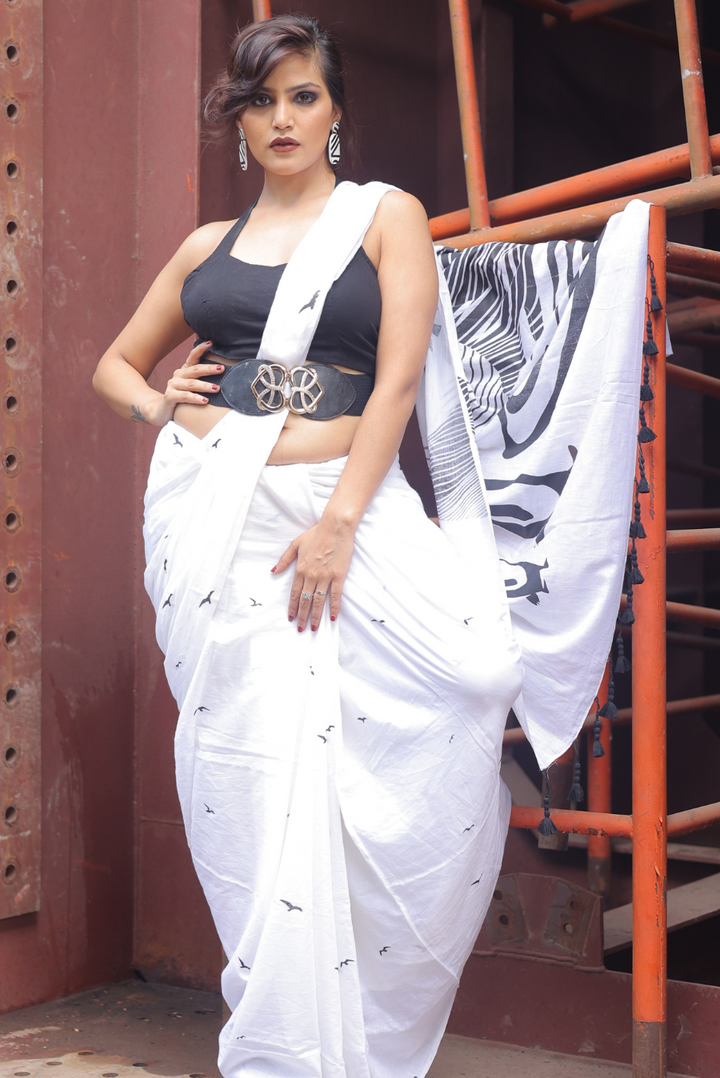 Screen Printed Mulmul Saree Sun above the Snow Peaks - White (SAREE)