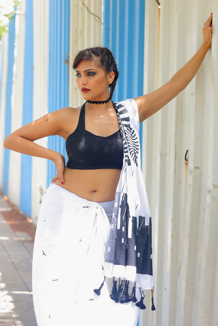 Screen Printed Mulmul Saree The Rumbling Clouds - White (SAREE)