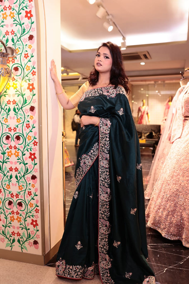 Elegant Navy Chinon Saree with Intricate Embroidery