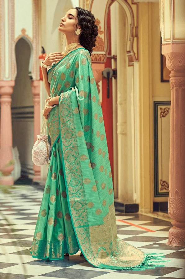 Scintilla Sea Green Soft Banarasi Silk Saree With Fancifull Blouse Piece