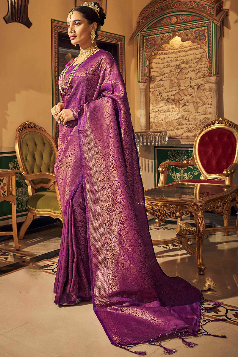 Denouement Purple Kanjivaram Silk Saree With Felicitous Blouse Piece